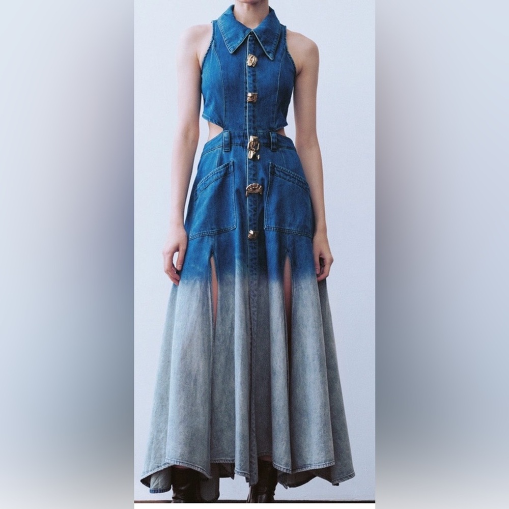 Urban Revivo Blue Denim cut out accent funky button Maxi Dress size XL/12/14